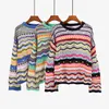 Женские свитера Rainbow Sweater осень зимняя женщина повседневная круглая шея с длинными рукавами пуллеры Lady Fashion Packwork вязаный полосатый свитер 230822