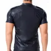 Men's T Shirts 3XL Men PU Leather T-shirts Button Turn-down Collar Short Sleeve Latex Black Streetwear Party Clubwear Tops Tee Camisas