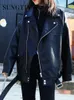 Damen Leder Faux Sungtin Koreanische Jacke Frauen Gürtel Übergröße BF Style Punk PU Streetwear High Street Biker Coat 230822