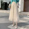 Skirts TingYiLi Feather And Dot Embroidery Mesh Skirt Princess High Waist Gray Beige Pink White Tulle Long Maxi Women