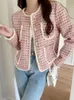 Kvinnor jackor hma högkvalitativa rosa blå rutor liten doft tweed jacka kappa för kvinnor höst vinter fransk vintage ulltwear 230822