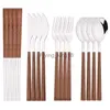 4/12/16st Silver Cotlary Set Chopsticks Knife Fork Spoon Imitation Trähandtag Korean servis uppsättning Luxury Tableware Set HKD230812