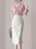 ワークドレスレディーススプリングドレス2ピースセット女性エレガントなプルオーバーブラウスとソリッドペンシルスカートスーツレディースファッションセットG128