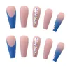 False Nails Long French Blue Color Artificial Fashion Rhinestone Design Nude Pink Fake Nail Pieces Full Cover Wearable Acrylic