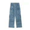 Damesjeans Multi-pocket Blue Washed Cargo Pants Y2K Retro High Street Fashion High Taille Jeans paar Harajuku Simple Casual Wide Leg Pants 230823