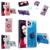 İPhone 15 için lüks elmas parmak yüzüğü tutucu Quicksand Case ve 14 13 Pro Max Mini Samsung Galaxy S21 Fe Ultra Plus Yumuşak TPU Sıvı Bling Glitter Stand Telefon Kapağı