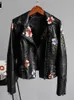 Skóra damska Faux ly varey lin floral print haft haft miękka kurtka kobiety pu motocykl płaszcza żeńska czarna punk