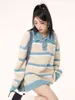 Kvinnors tröjor japanska preppy stil randiga tröja kvinnor vintage lös allmatch vriddown krage tröjor kontrastfärg långärmad jumper 230822