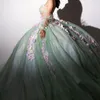 Green Ball Gown Quinceanera Dresses With Long Train Appliques Tull Vestidos 15 Quinceaneras Princess Party Gown