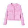 Sudaderas con capucha para hombre Sudaderas Pink Fringe Fur Hombro Pad Tweed Chaqueta Blazer Boucle Crop Coat para mujeres 2023 Primavera 230822