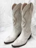 Stiefel Bonjomarisa White Cowboy Western Knie High Stiefel Design Chunky Heel Spitz Zeh Slip auf Herbst Lange Stiefel Ridding lässige Schuhe 230822