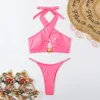 Arxipa pu läder g sträng mini bikinis mikro sexig tvåbit baddräkt för kvinnor solid rosa baddräkt vadderad push up cross bandage beachwear thong high cut halter