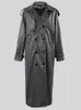 Damenleder 2023 Frauen Gürtel Doppelbrust losen Luxus -Mantel Frühling Herbst Lange coole schwarze PU -Trench -Mantel warme Jacke