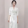 Women's Suits Harajuku Half Sleeve Long Blazer Dresses Women Solid Color Korean Office Lady Midi Elegant Spring Summer Coats Jackets