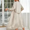 Women's Sleepwear Solid Color Sexy Women Nightgown Robe Nightdress 2Pcs Sleep Suit Home Clothes Female Long-Sleeved Ice Silk Set Homewear