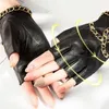 Demi-gants en cuir véritable, 2 pièces, avec chaîne en métal, crâne Punk, moto, motard, sans doigts, écran tactile Cool, 211214204S