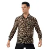 Herren T-Shirts Männer modische Mode durchsichtige Leoparden-Print-Knopf T-Shirts Turndown Collar Long Sleeve Casual Tops Nachtclub Kostüm Sissy