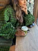 Frauen Wolle Mischungen Vintage Green Plaid Overtoel Frauen Herbst Winter Mode Loose Long Sleeve Single Button Jackets Lange Schichten Tops Streetwear 230823