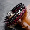 Pulseras de eslabones para hombre, pulsera tejida multicapa de cuero rojo y negro, botón de acero de titanio, accesorios neutros, regalos de joyería tejidos a mano