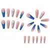 False Nails Long French Blue Color Artificial Fashion Rhinestone Design Nude Pink Fake Nail Pieces Full Cover Wearable Acrylic