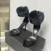 فرو مع حزام جلدي في الكاحل عالي الكعب عارية الكعب الكعب الكاحل Wrap Women Party Shoes