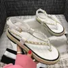 Brand Metal Sandals Chain Woven Hemp Rope Sole Flip Flops Buckle Beach Shoes