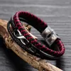 Pulseras de eslabones para hombre, pulsera tejida multicapa de cuero rojo y negro, botón de acero de titanio, accesorios neutros, regalos de joyería tejidos a mano