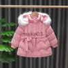 Down Coat Winter Kid Girl Coat Cotton Padded Bow midjebälte Varma förtjockna långjackan Parka Baby Ytterkläder Småbarn Barn Kläder A873 J230823