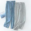 Men's Pants Men's Cotton Gauze Trousers Plaid Knitted Sleep Pants Woman Pajamas Pants Bottoms Sleepwear Short for Couples Pijama Hombre 230822