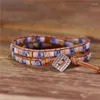 Pulseras de encanto Boho Cuero Mixto Cuadrado Piedras Naturales 2 Strands Wrap Vintage Weaving Pulsera Drop