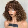 Deep Wave Human Hair Wigs with Bangs Full Machine Fringe Wig Short Curly Bob Wig 99J Brown Colored Wigs Remy Hair 180 Density