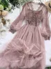 Casual Dresses 2023 Spring Women Mesh Lace Crochet V-Neck Elegant Prom Puff Sleeves Dress Summer Dot Party Sexig Swing Long Long