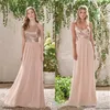 Vestidos de dama de honor con lentejuelas de oro rosa brillante 2020 Largo Gasa Halter Una línea Correas Volantes Blush Pink Dama de honor Boda Gues273H