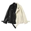 Femmes en cuir Faux femmes vélo Moto veste automne lâche manteau surdimensionné femme Patchwork couleur noir blanc PU vêtements d'extérieur Fall woman jacket 230822