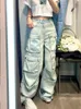 Women's Jeans Fashion Motorcycle Wide-leg Straight-leg Pants Summer Tooling Style Loose Multi-pocket Mid-waist Washed