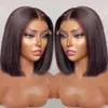 Perruque Bob Lace Frontal Wig brésilienne naturelle lisse, cheveux courts, lisses, 13x1, pre-plucked, Transparent, pour femmes noires