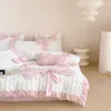 Beddengoedsets wit 40s gewassen katoen met roze boog prinses set plooien patchwork zacht dekbedoverkap laken kussencases