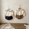 Rompers geboren Baby Girls Boys herfst Volle mouw Navy kraag Top Tees Solid Bread Bottoms Infant Kids Pure Cotton Clothing Set 2pcs 230823