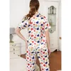 Kvinnors sömnkläder kvinnor pajamas set vit tryck kärlek kort ärm pijamas kostym sexig siden satin byxor pyjama häll femme lösa hemkläder