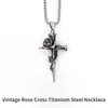 Hangende kettingen ihues hiphop vintage rose cross titanium stalen ketting voor mannen persoonlijkheid accessoires jongens dagelijkse decoratie