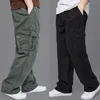 Pantalones para hombre Cargo sueltos de gran tamaño rectos multibolsillos sólido caqui versátil ropa de trabajo Jogger algodón Casual pantalones masculinos 230822