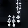 Necklace Earrings Set ThreeGraces Sparkling Cubic Zirconia Silver Color Long Pearl Drop Bridal Wedding Jewelry For Women TZ913