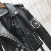 Femmes en cuir Faux FMFSSOM printemps femmes veste col rabattu lettre impression épaulette Rivet fermeture éclair dame lettre vintage Biker vêtements d'extérieur 230822