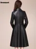Femmes cuir Faux Nerazzurri printemps automne long noir doux faux cuir manteau femmes manches boutons coupe ajustée veste élégante 230822