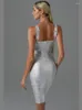 Casual Dresses Women Summer Style Sexy Sleeveless Backless Gold Silver Bronzing Midi Bodycon Bandage Dress 2023 Elegant Evening Party