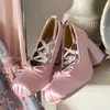 Klänningskorpumpar balett lolita Mary Jane Crosstie y High Heel Lady Satin Bowknot Sandaler Kvinnliga Sweet Fashion Square Toe Shoes 230823