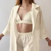 Kobietowa odzież sutowa 3PCS Kobiety Rayon koszule szlafraty piżamowe zestawy letnie paski kimono Kimono Suit S-L Sexy T-shirts Intymerate Bielive Home