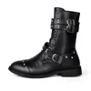 Boots Strongshen Men Fashion Leather Motorcycle Midcalf Warm Black Gothic Belt Rivet Punk Rock Tactical Boot 230823