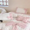 Beddengoedsets wit 40s gewassen katoen met roze boog prinses set plooien patchwork zacht dekbedoverkap laken kussencases