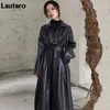 Femmes en cuir Faux Lautaro automne Long noir Cool PU Trench Coat pour femmes ceinture simple boutonnage lâche mode coréenne vêtements en gros 230822